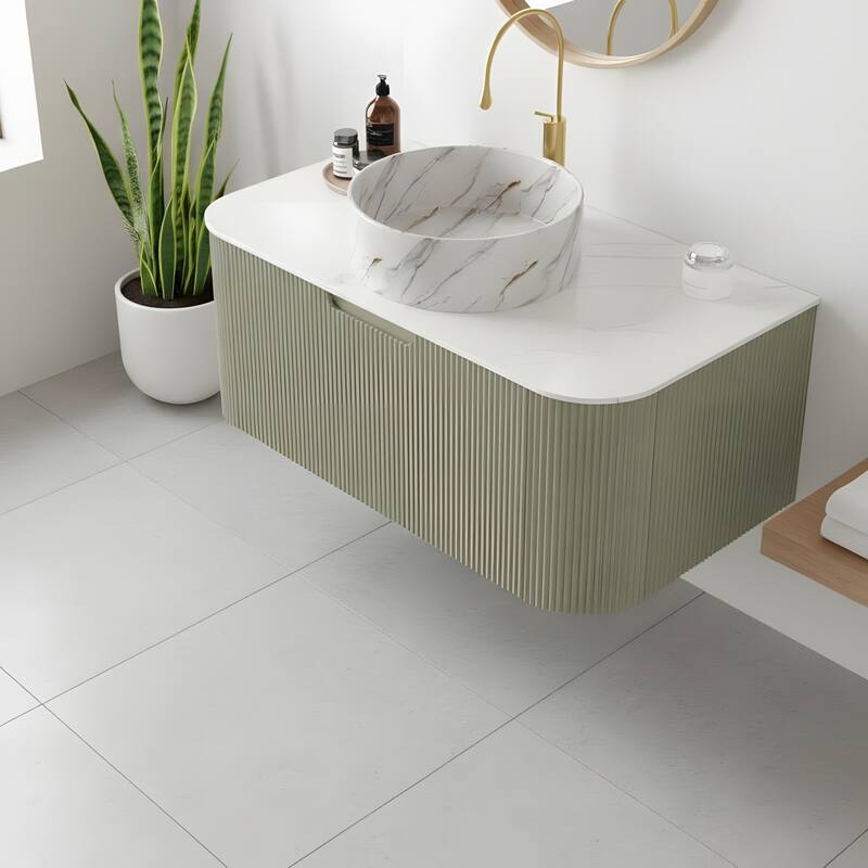Floating Bathroom with Round Ceramic Basin and Storage Drawer