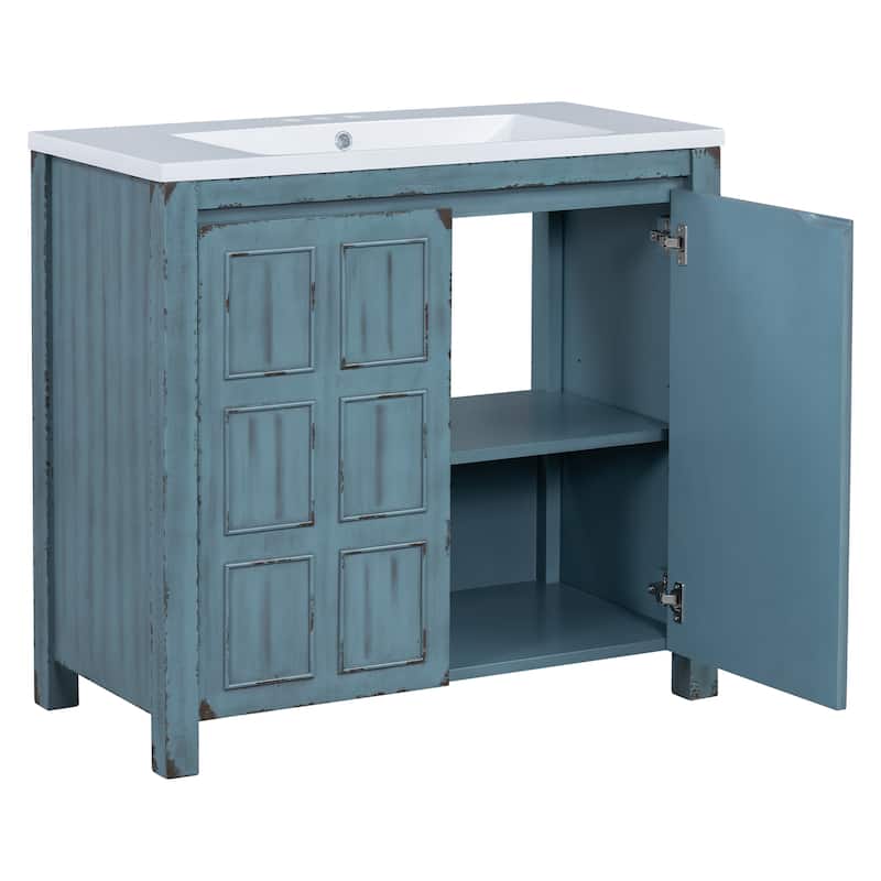 36" Bathroom Vanity with Undermount Resin Sink, Retro Blue Bathroom Storage Cabinet with Adjustable Shelves, Solid Wood Frame
