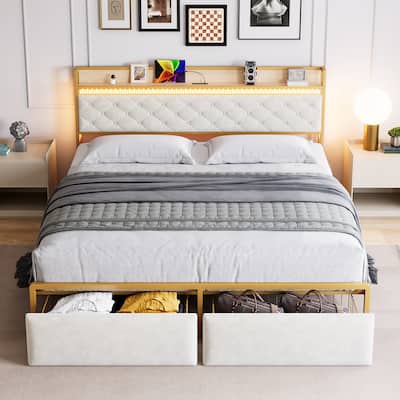 Bed Frame with Storage Headboard and 2 Drawers LED Lights