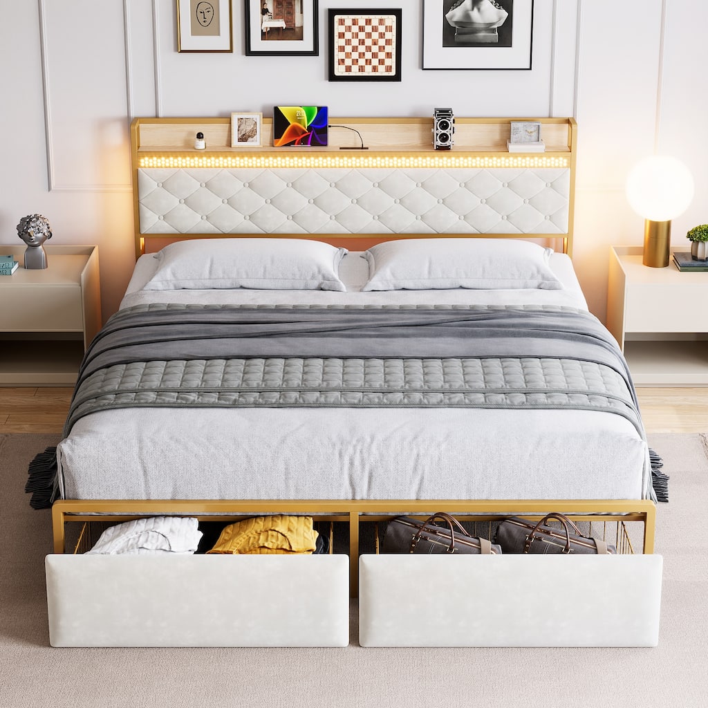 Bed Frame with Storage Headboard and 2 Drawers LED Lights
