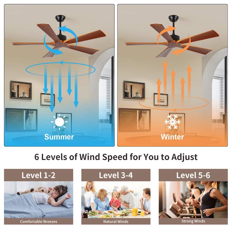 60 Inch Ceiling Fans and Remote, Wood Indoor Outdoor Ceiling Fan with Light for Patios Living Room Bedroom 5 Blades DC Motor