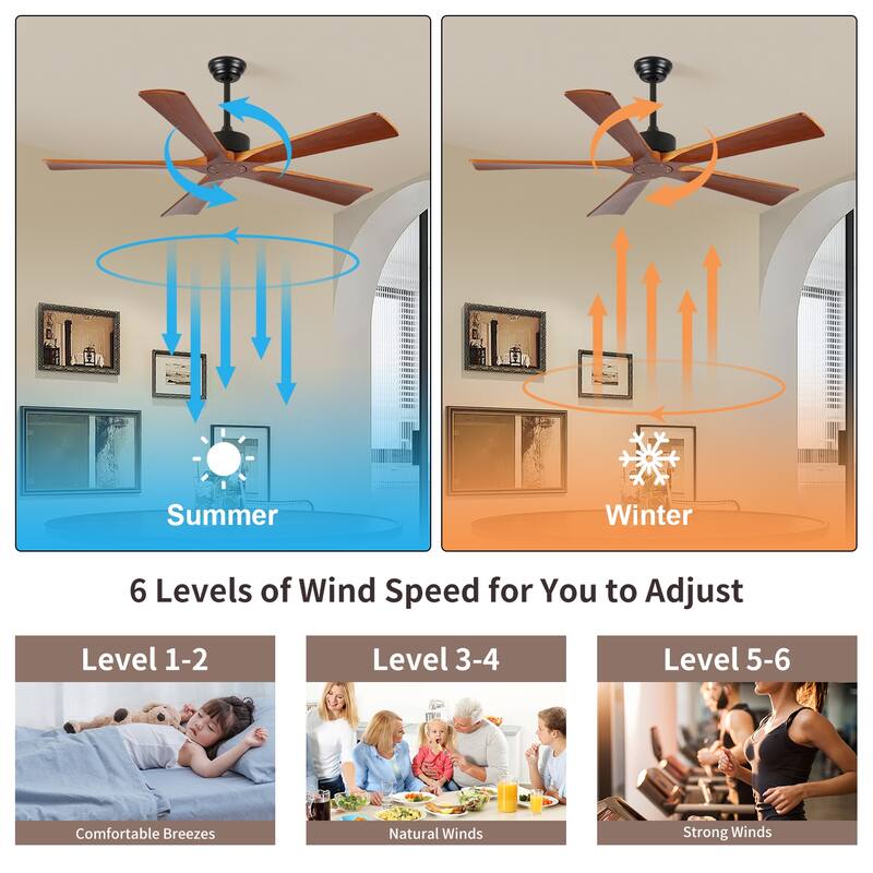 60 Inch Wood Ceiling Fan No Light, Indoor Outdoor Ceiling Fan for Patios Living Room Bedroom, 5 Blades DC Motor Fan