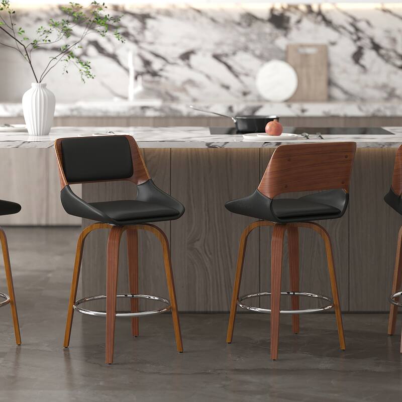 Mid-Century Faux Leather and Wood 26" Counter Stool with Swivel, Set of 2