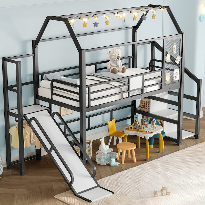 Fun Play House-shaped Loft Bed Metal Bed Frame with Grid and Shelves