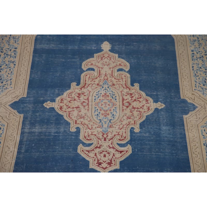 Blue Distressed Kerman Persian Vintage Area Rug Handmade Wool Carpet - 9'3" x 11'10"