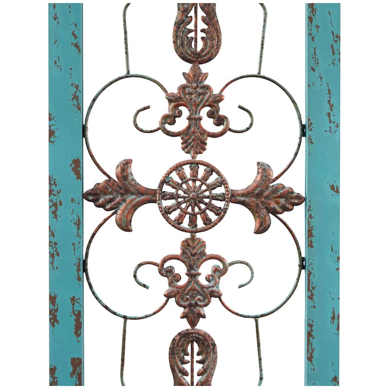 Wood Scroll Arabesque Wall Decor with Metal Fleur De Lis Relief - Teal - Roche River Decor