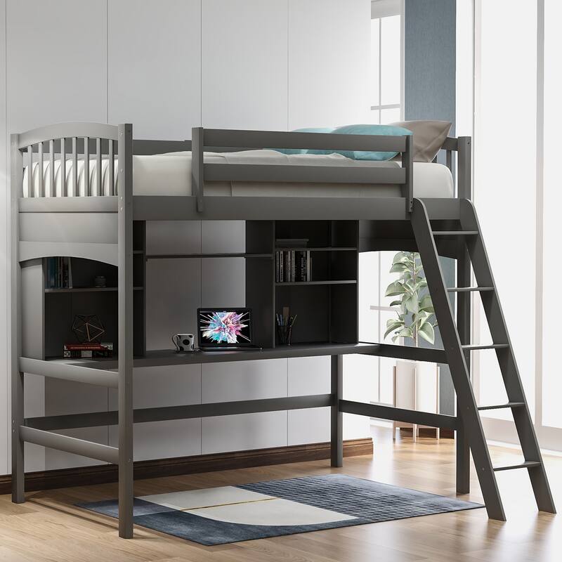 Twin Size Loft Bed with Storage Shelves, Desk, and Ladder - Grey - Twin