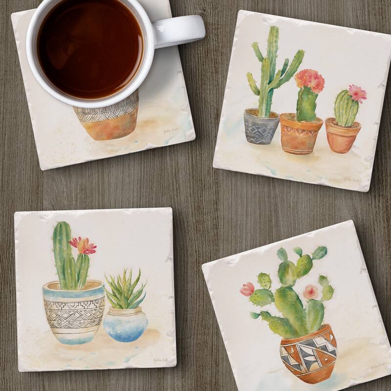 Counterart Absorbent Stone Coaster, Cactus Garden, Set of 4 - 4.01x4.12