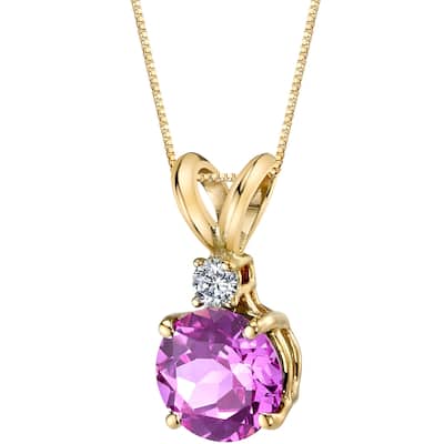 1.25 ct Round Created Pink Sapphire and Diamond Pendant in 14k Yellow Gold