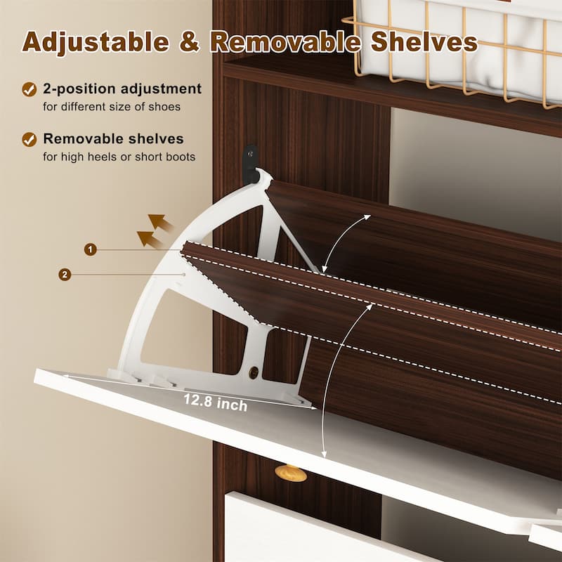 Freestanding Shoe Storage Cabinet with 4 Flip Drawers and Wood Handle