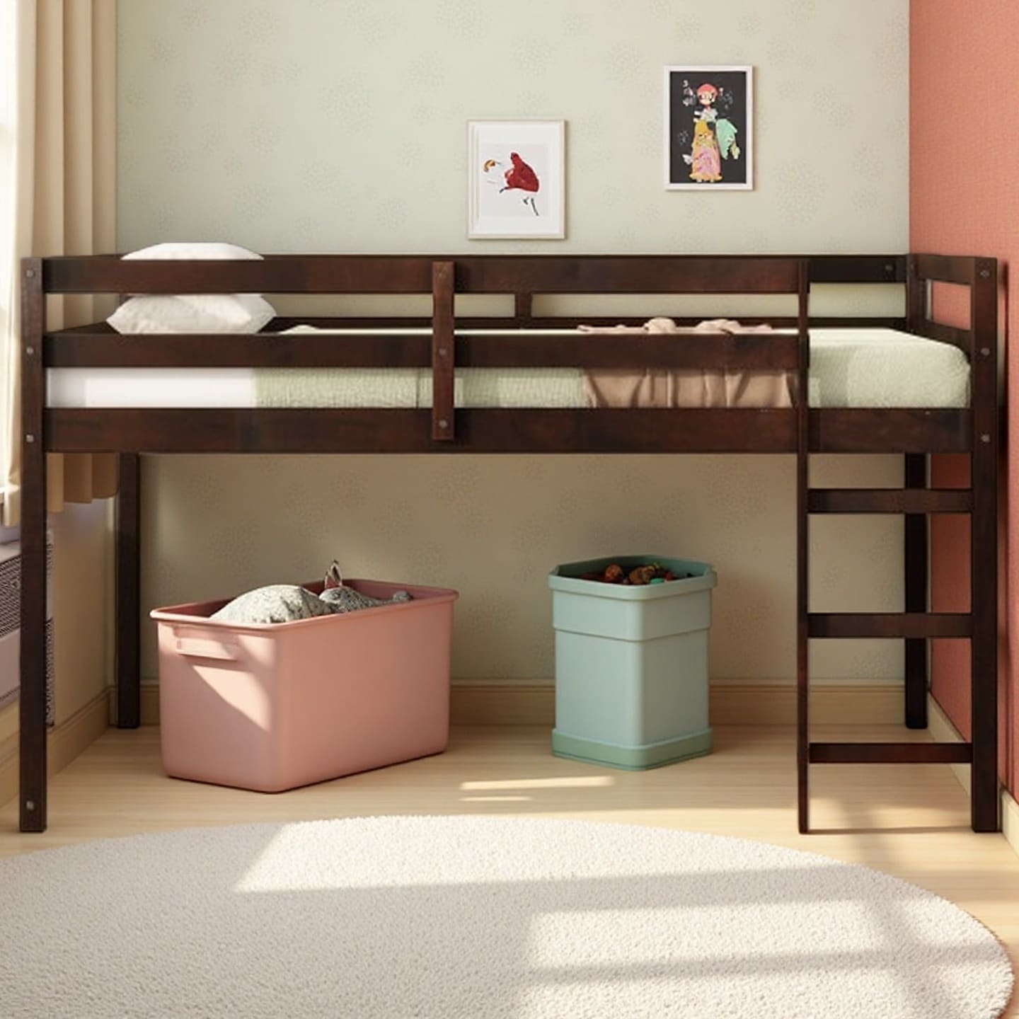 Full Size Rubber Wood Loft Bed with Ladder, Low-Profile Espresso Platform Bed with Spacious Under-Bed Storage