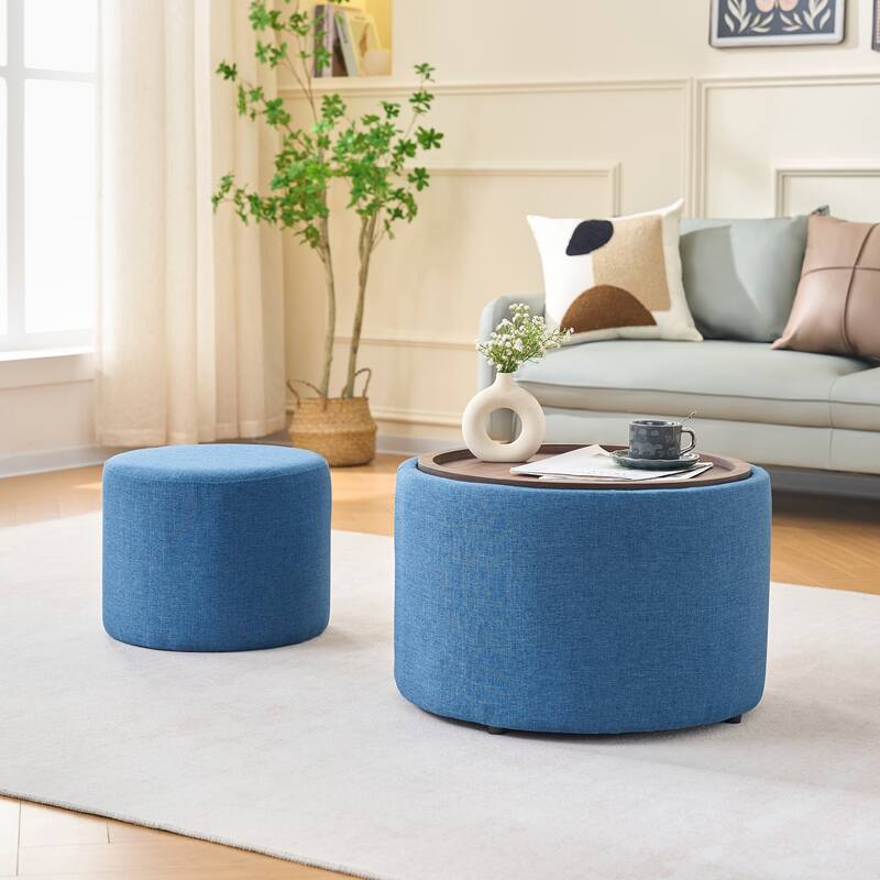 Ball & Cast Nesting Storage Ottomans of 2, Linen Upholstered Footstool Wood Tray, 22.75" Round Coffee Table