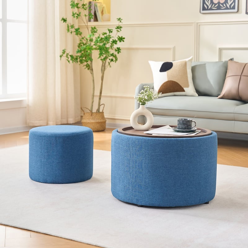 Ball & Cast Nesting Storage Ottomans of 2, Upholstered Footstool with Wood Tray