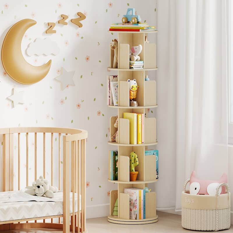 Space-Saving Freestanding 5-Shelf Rotating Bookcase with Swivel Base and Dividers Storage Tower - 15.5" x 15.5" x 63"