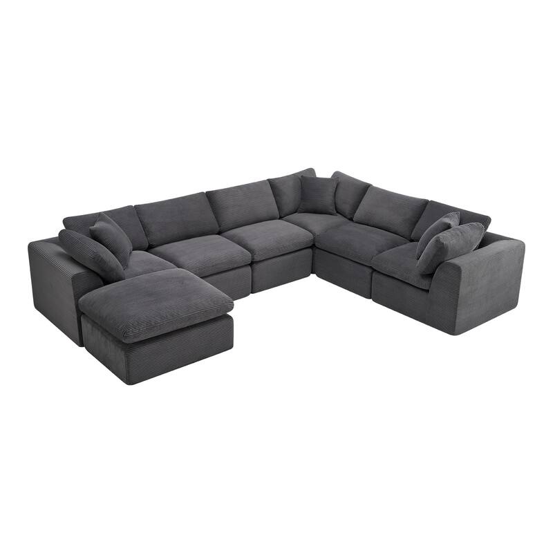 HomeRoots 138" Dark Gray Corduroy Modular Sofa With Ottoman And Toss Pillows