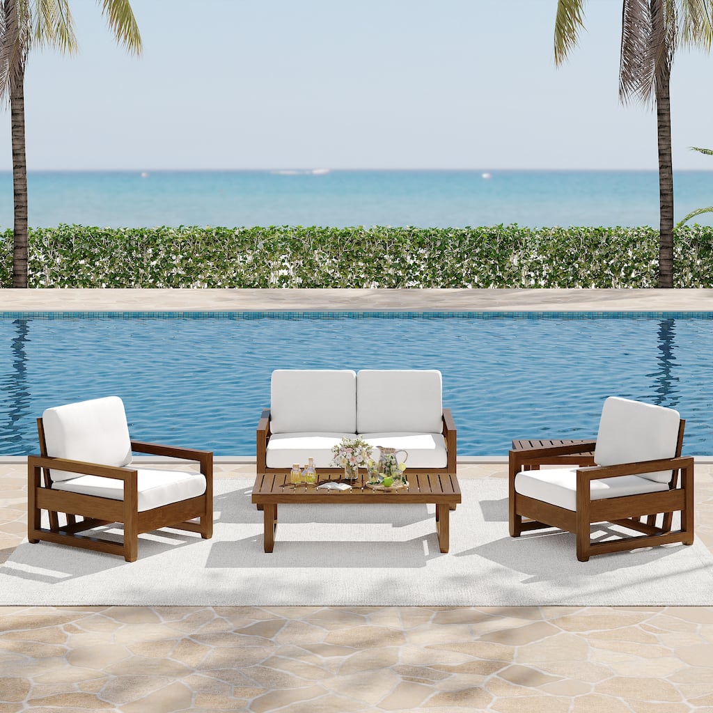 5-Piece Patio Wood Conversation Set with Loveseat, Chairs and Tables