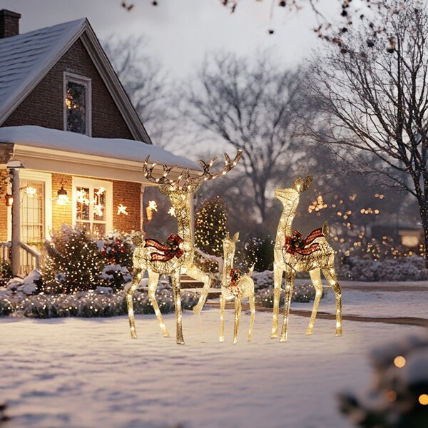 3-Piece Lighted Christmas Golden Reindeer Family Set, Christmas