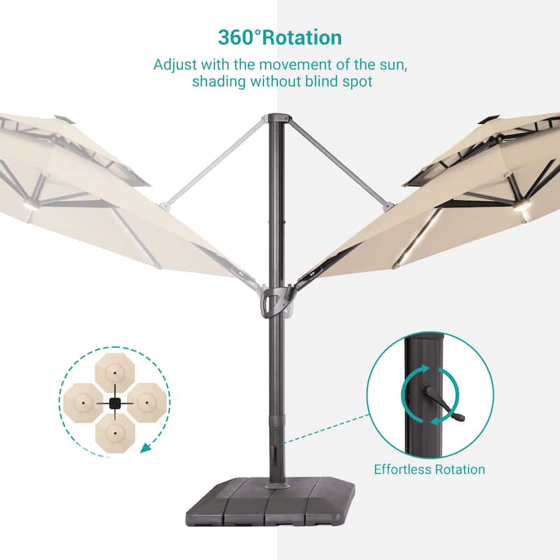 BONOSUKI 11Ft LED Double Top Aluminum LED Cantilever Patio Umbrella with Base for Patio Deck Garden, Red