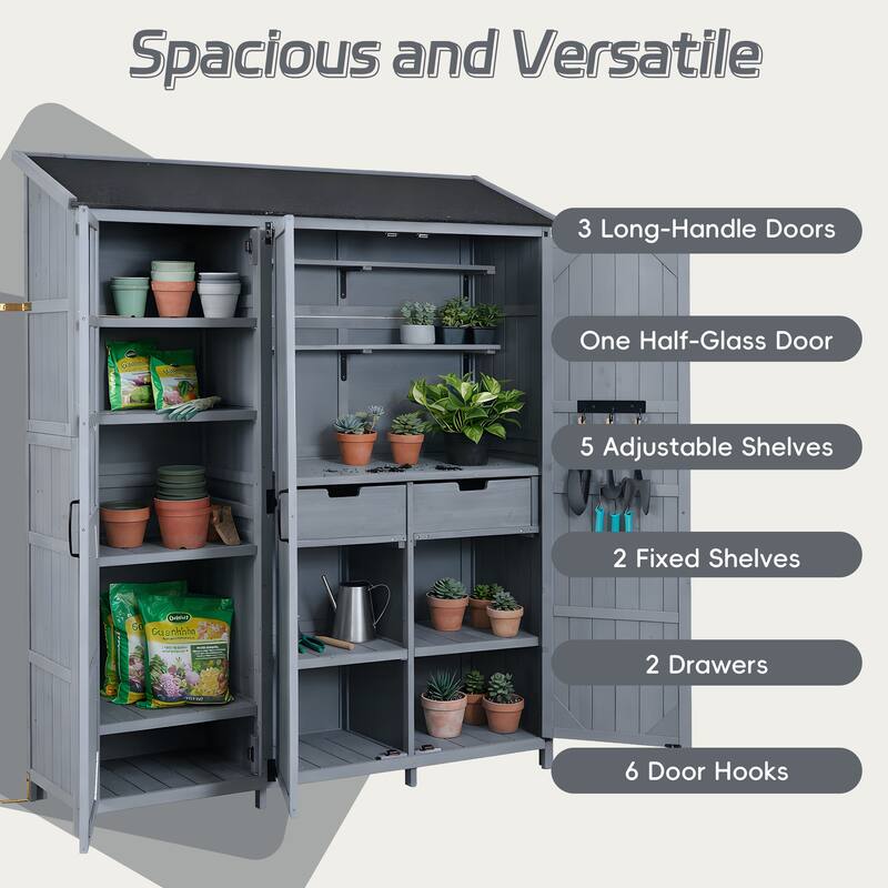72" Large Patio Garden Shed with Waterproof Roof, Outdoor Storage Cabinet with Workstation & Hooks