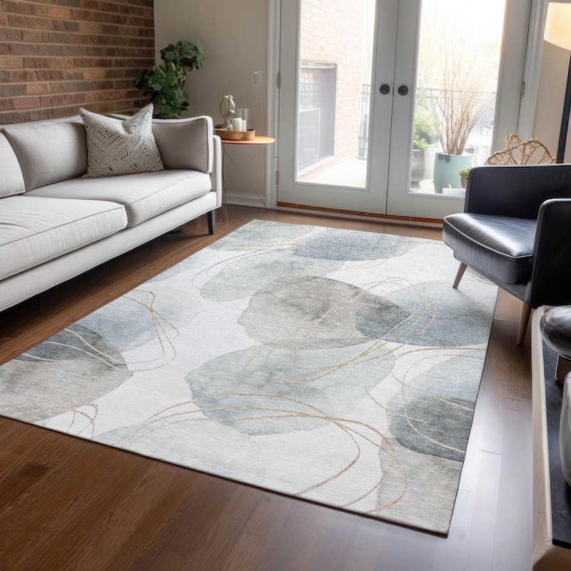 Machine Washable Indoor/ Outdoor Modern Circles Chantille Rug - Ivory - 9' x 12'
