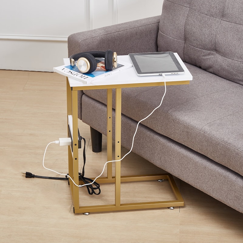 Javlergo Set of 2 C-Shaped End Tables with Charging Station Outlets & USB Fits Sofa Bed for Small Spaces Nightstand & Sofa Table