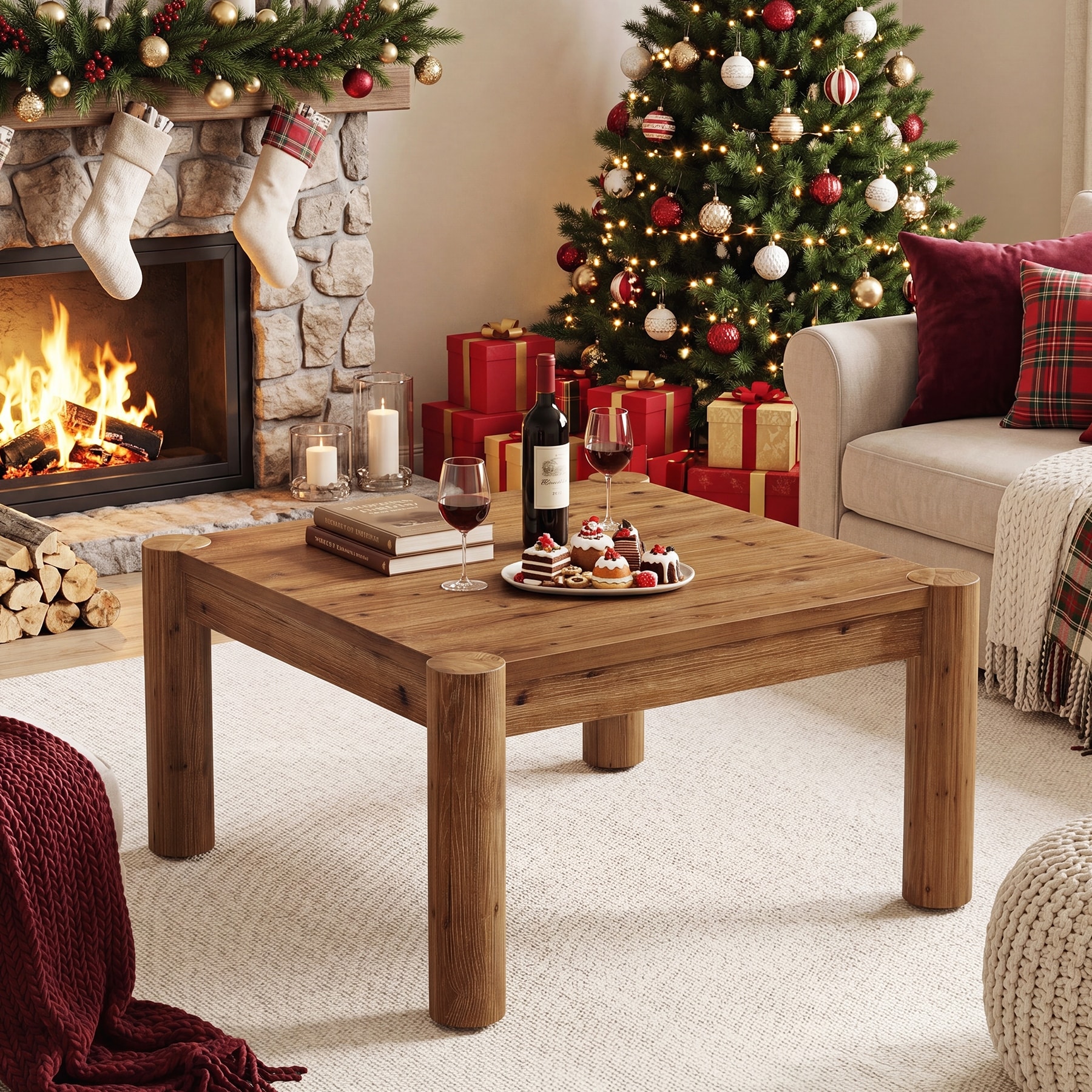 Solid Wood Coffee Table for Living Room, 31.5" Square Center Table with Study Legs - 19.7'' H X 31.5'' W X 31.5'' D