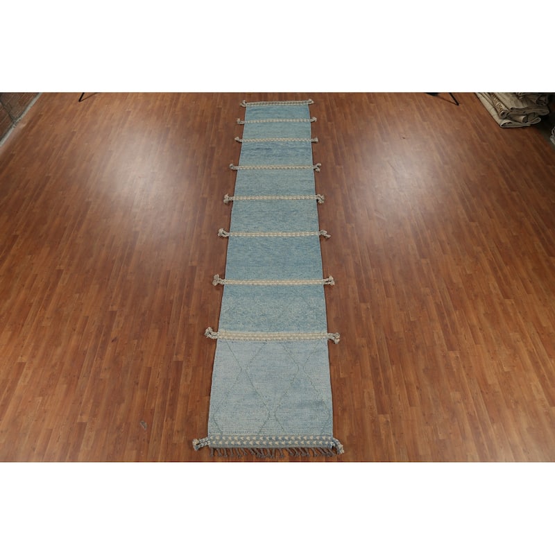 Light Blue Striped Moroccan Modern Runner Rug Hand-Knotted Wool Carpet - 3'0"x 15'8"