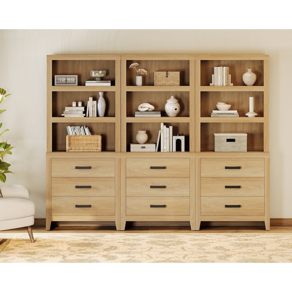 3-Tier Bookshelf with 3 Large Drawers, 74" Tall Farmhouse Bookcase with Wide Metal Handles, for Living Room, Office, Library