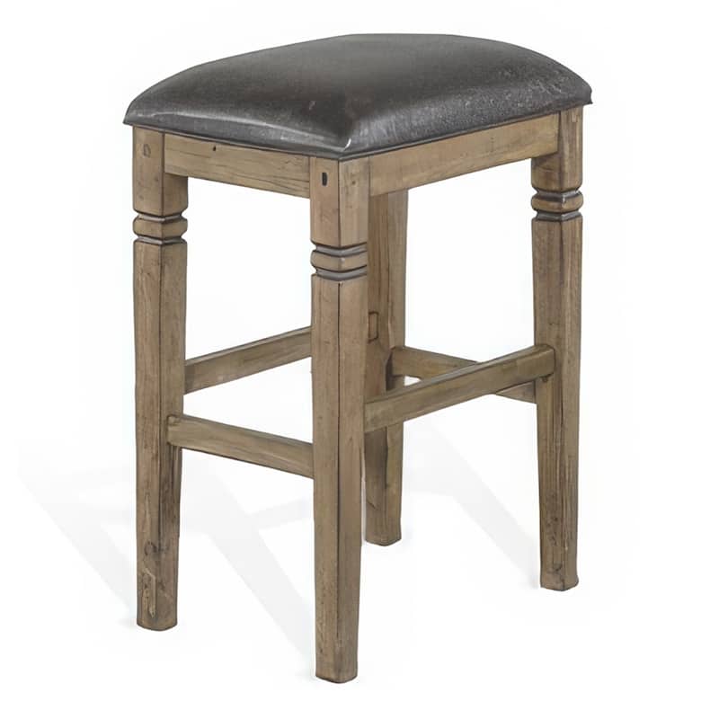 Yael Barstool, Set of 2, Black Faux Leather Cushioned, Taupe MahoganyWood