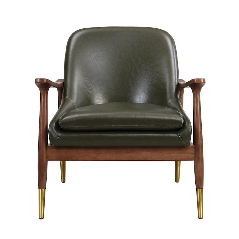29.2" Mid-Century Faux Leather Accent Chair with Cushioned Seat, Solid Wood Frame, and Brass-Tipped Legs