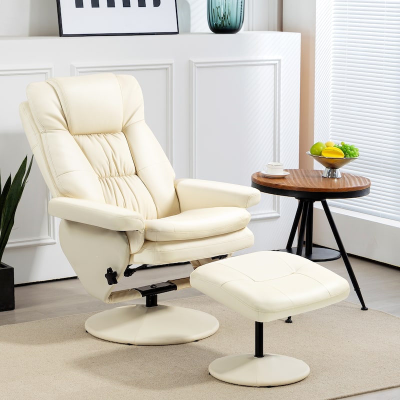 Cream White Adjustable Recliner Including Ottoman with Padded Seat and Flared Armrests Swivel Base