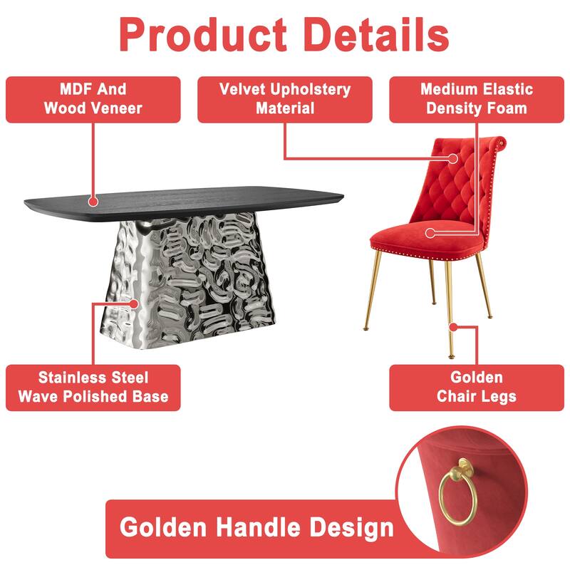 7-Piece Clihome Modern Stainless Steel Table Velvet Chair Dining Set