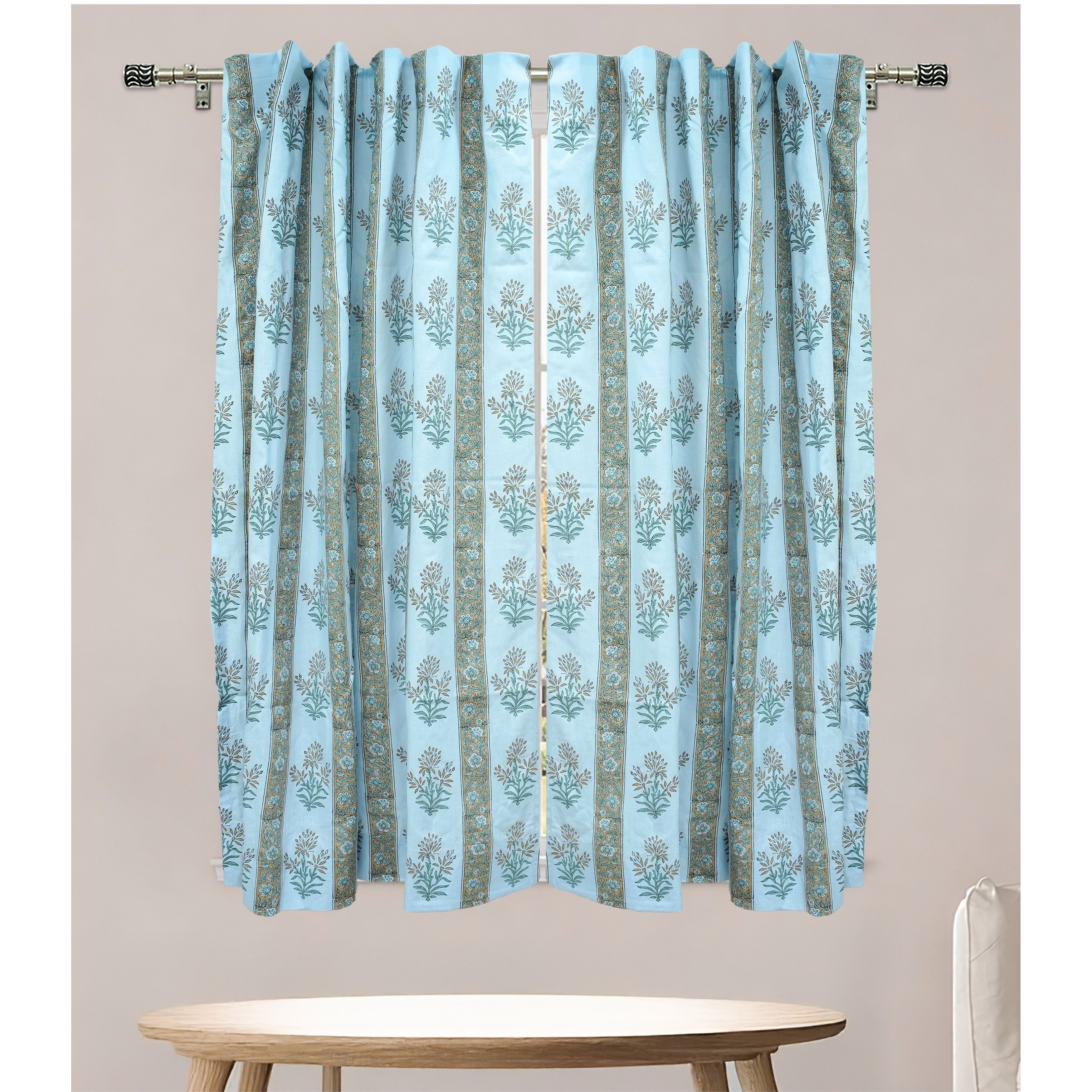 Fabdivine Hand Block Print Soft Linen Fabric Window Drape, Home Accent Room Curtain, Noor