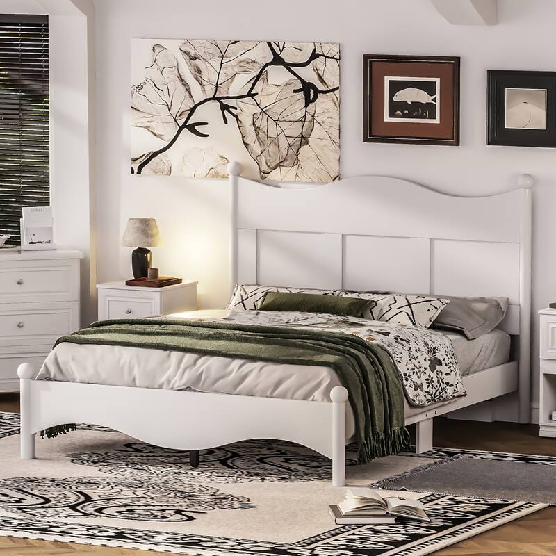 Elegant Design Wood Platform Bed Frame with Headboard, Queen Size Platform Bed with Wooden Slat Support, No Box Spring Needed
