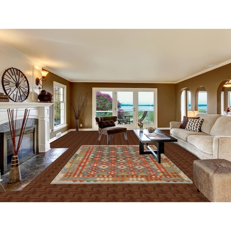 Hand Woven Oriental 100% Wool Carpet Southwestern Geometric Green Kilim Area Rug - 9' 8'' X 6' 8''