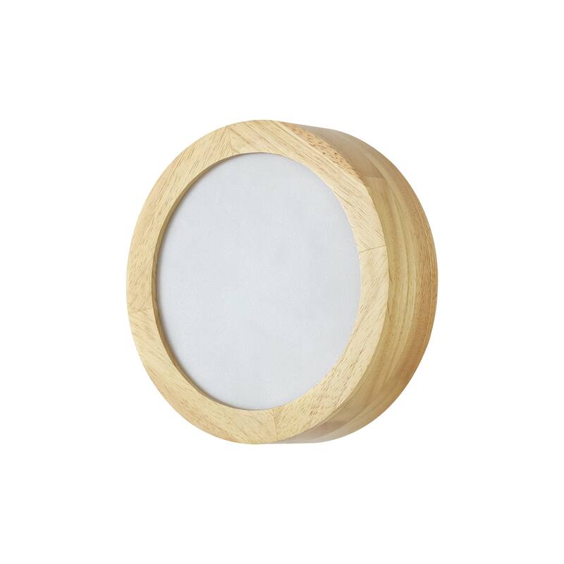 1-Light 7.87 in. Modern Farmhouse Small LED Round Wall Sconce in Natural Rubberwood Finish - 7.87 in. W x 3.35 in. H