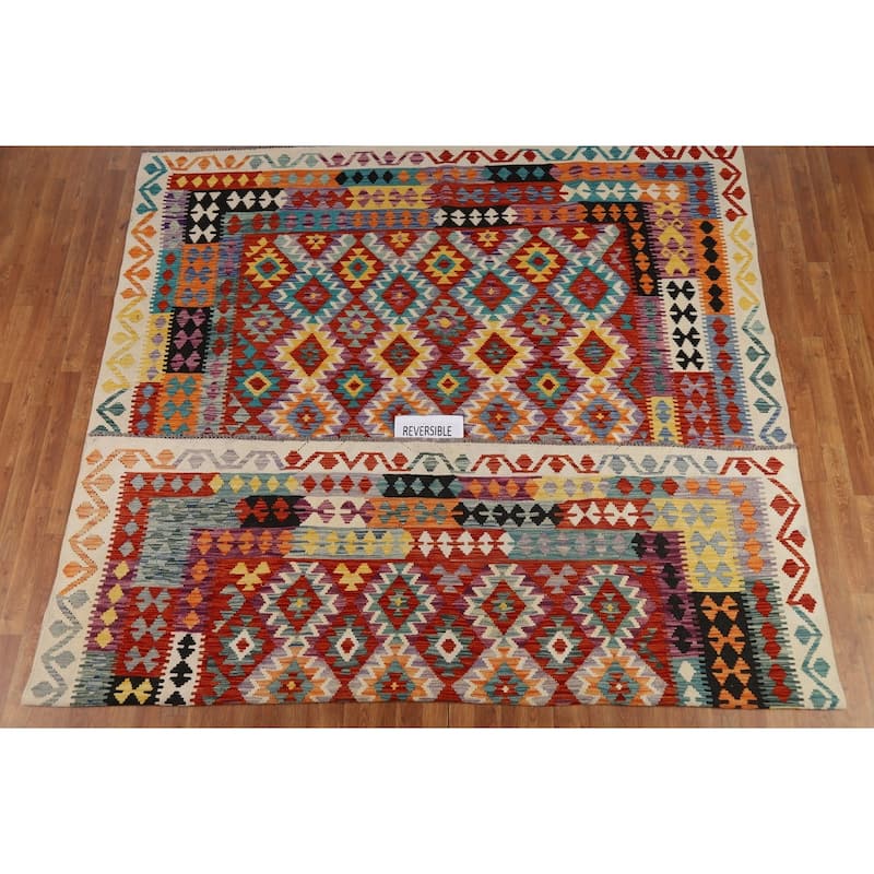 Reversible Kilim Oriental Area Rug Flatweave Geometric Wool Carpet - 8'5" x 10'10"