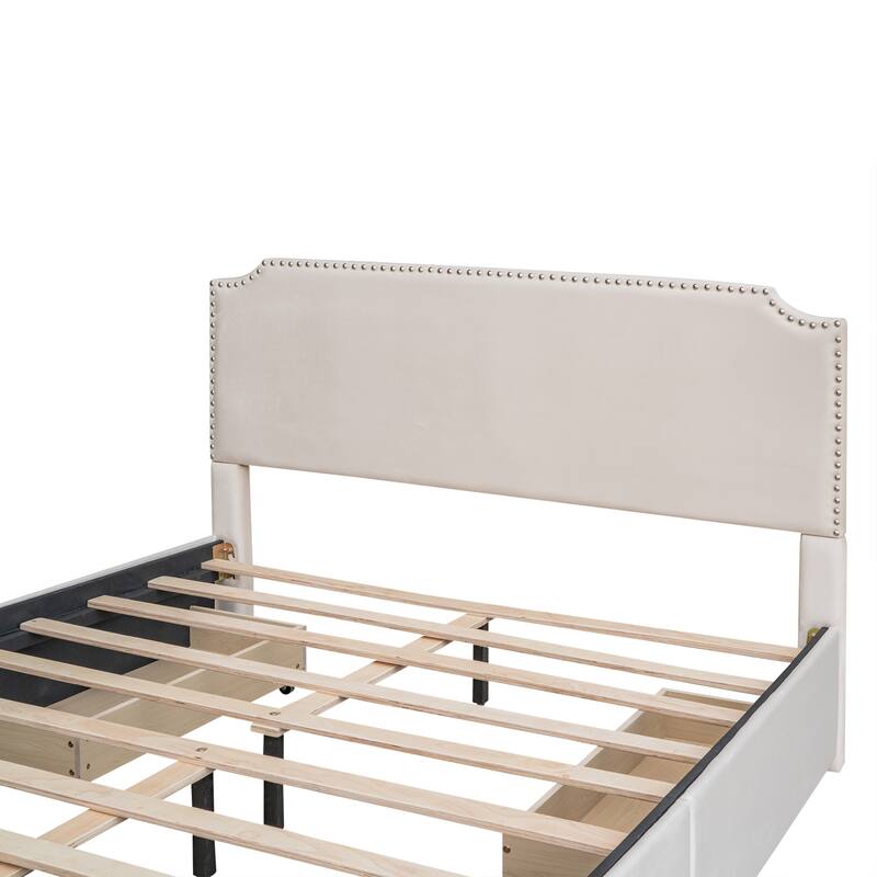 Velvet Queen Platform Bed with 4 Drawers & Nailhead Trim