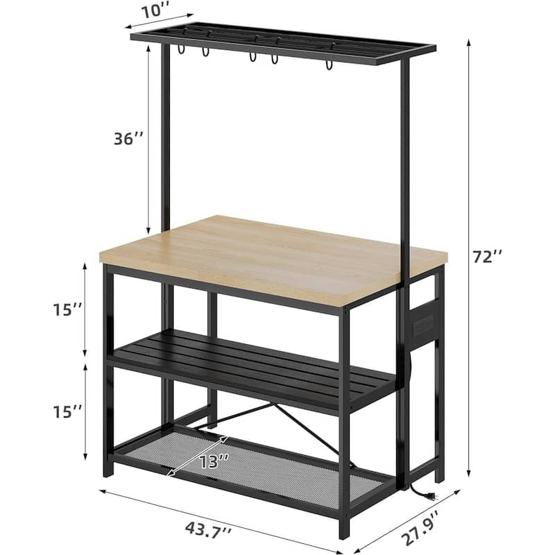 42" Kitchen Island Bakers Rack with 3 Tier Shelf and Hooks - N/A