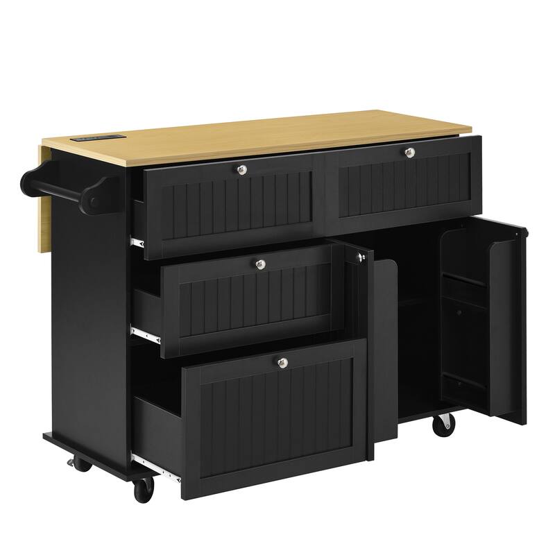 Farmhouse Kitchen Island on Wheels with Drop Leaf, 2 Seating & Power Outlet