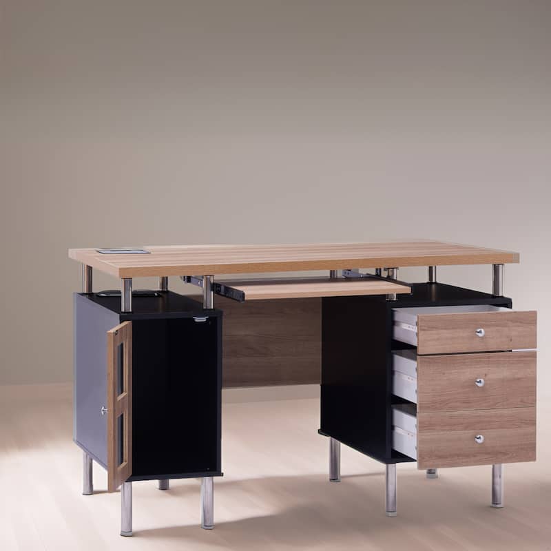 3-Drawer Filing Cabinet, Two-Tone Office Desk Power Outlets & USB Ports – Includes 3 Drawers and 1 Storage Cabinet