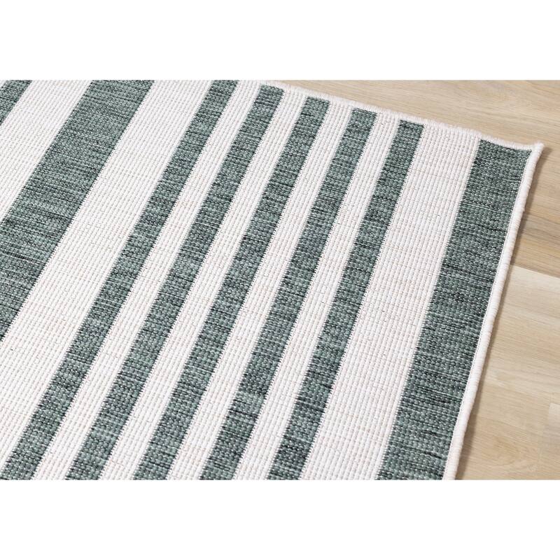 Green Cream Reversible Stripes Indoor/Outdoor Area Rug
