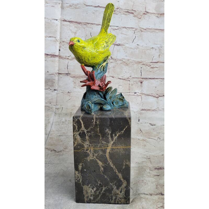 Bronze Metal Colorful Yellow Finch Songbird Bird Sculpture Statue Figurine Marble Base