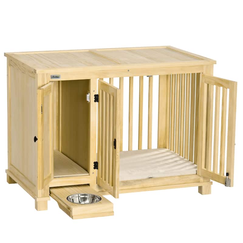 PawHut Wood Dog Crate Furniture with Hidden Food Bowl in Drawer, Dog Crate End Table with Cushion - Wood - Yellow - Assembly Required