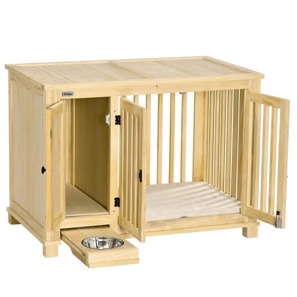 PawHut Wood Dog Crate Furniture with Hidden Food Bowl in Drawer, Dog Crate End Table with Cushion