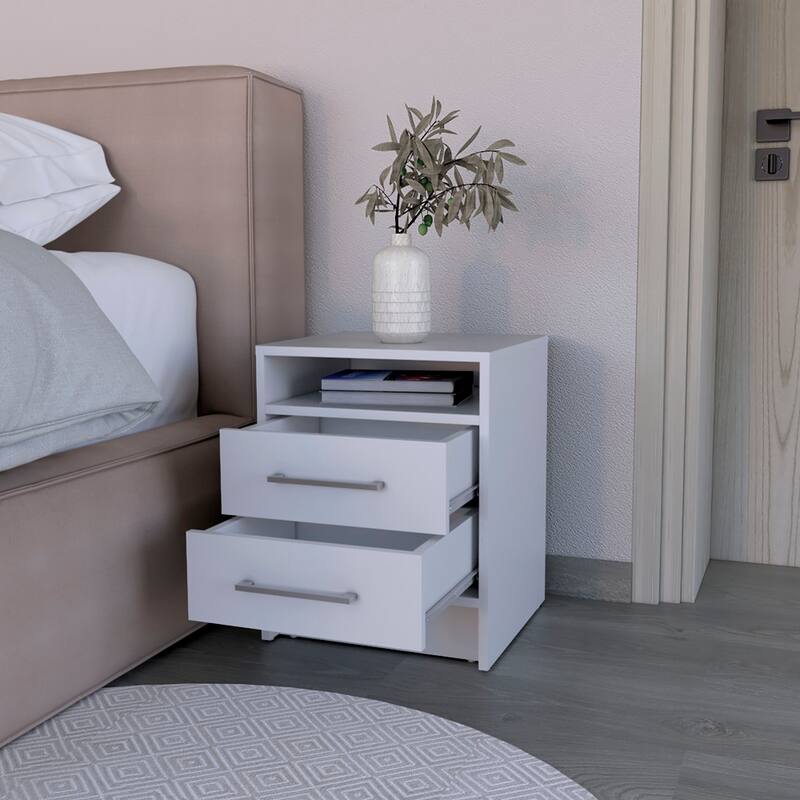 White Two-Drawer Nightstand with Semi-Open Shelf, 19.9\
