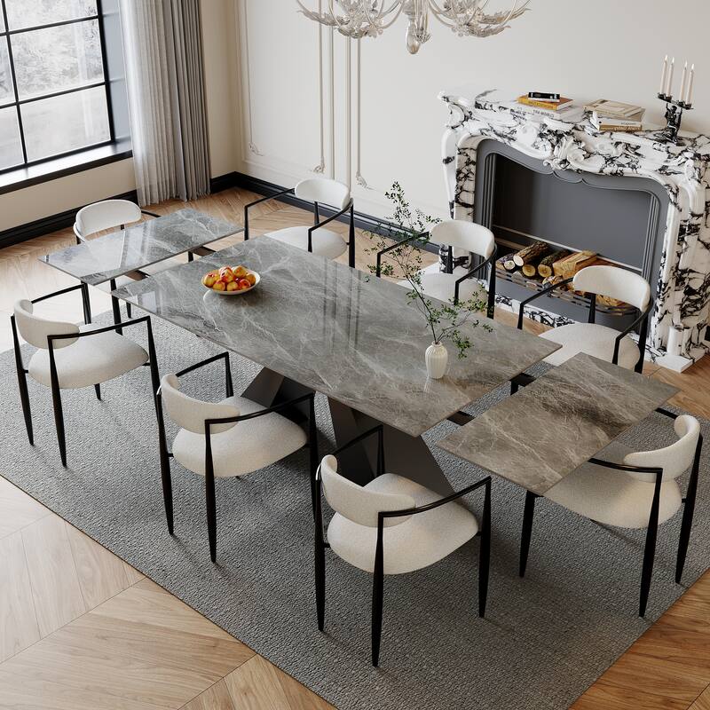110.24 Inch Modern Minimalist 9 - Piece Extendable Sintered Stone Top Double Pedestal Dining Set