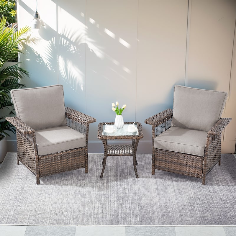 3 Pieces Patio Set Outdoor Wicker Furniture Sets - Brown - Grey - Brown