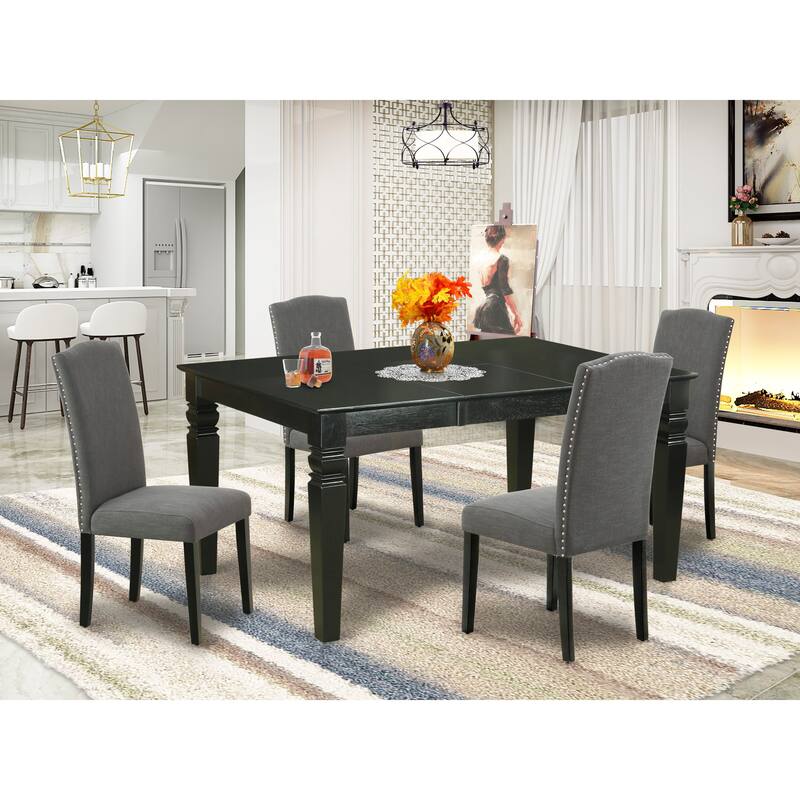 East West Furniture Dining Set- Dining Table and Dark Gotham Linen Fabric Chairs, Black(Pieces Options)