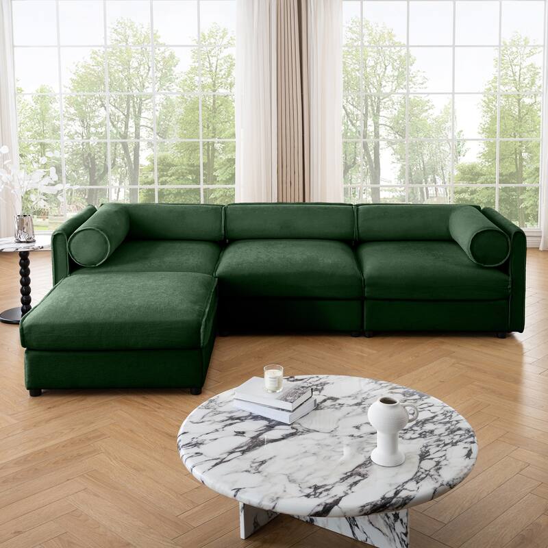 Modern Chenille 6-Seater Sofa with Ottoman Storage, Hidden Storage, Cylindrical Cushioned Arms and Backrest